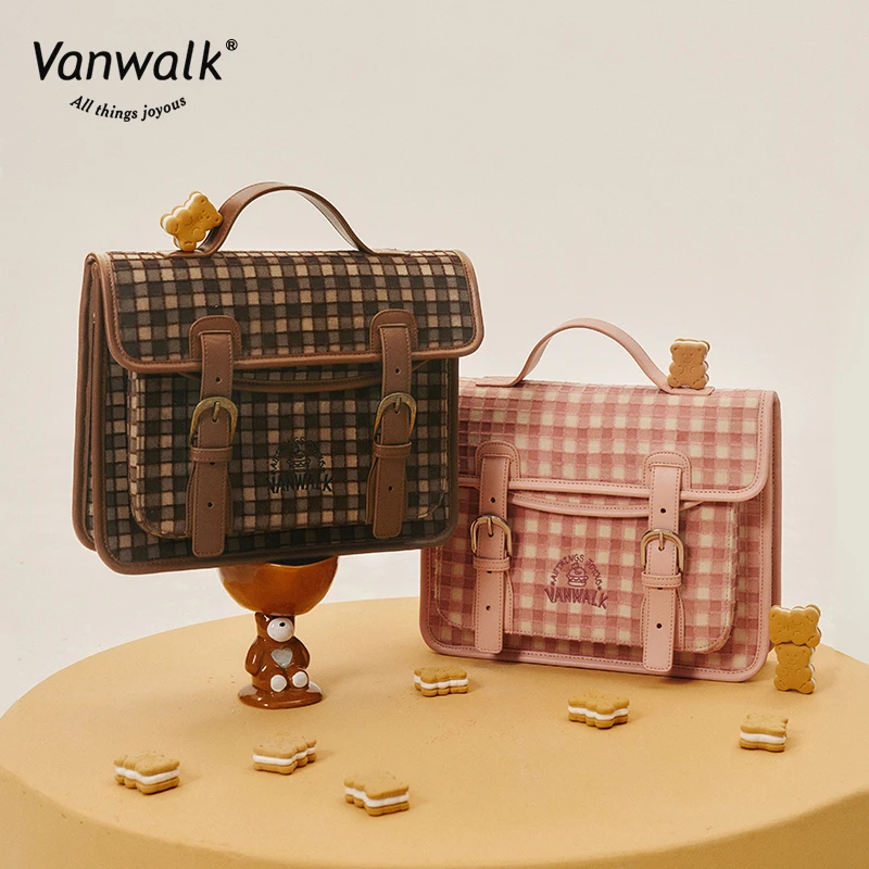 VANWALK小熊汉堡 可爱美式复古单肩包甜美休闲通勤格纹手提斜挎包