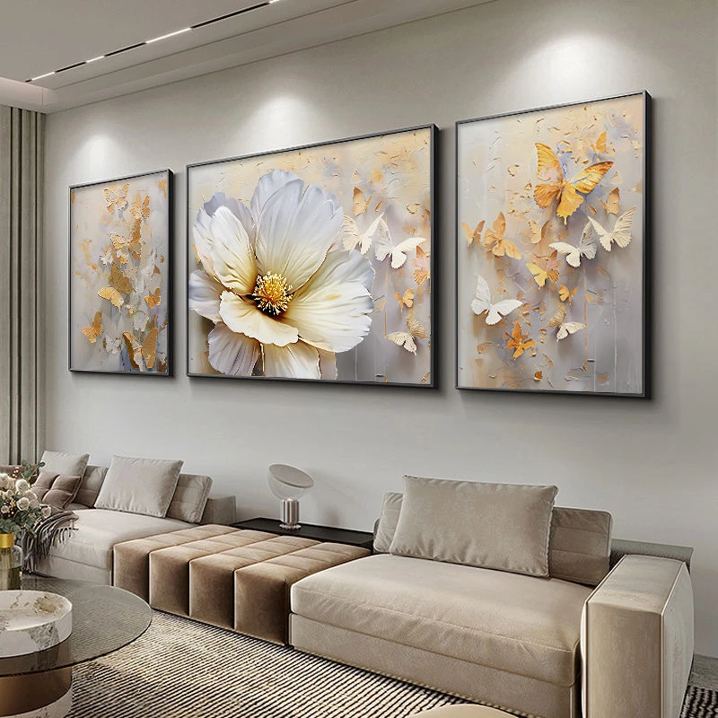 现代简约花卉花朵客厅三联画大气沙发背景墙壁画欧式蝴蝶画北欧风