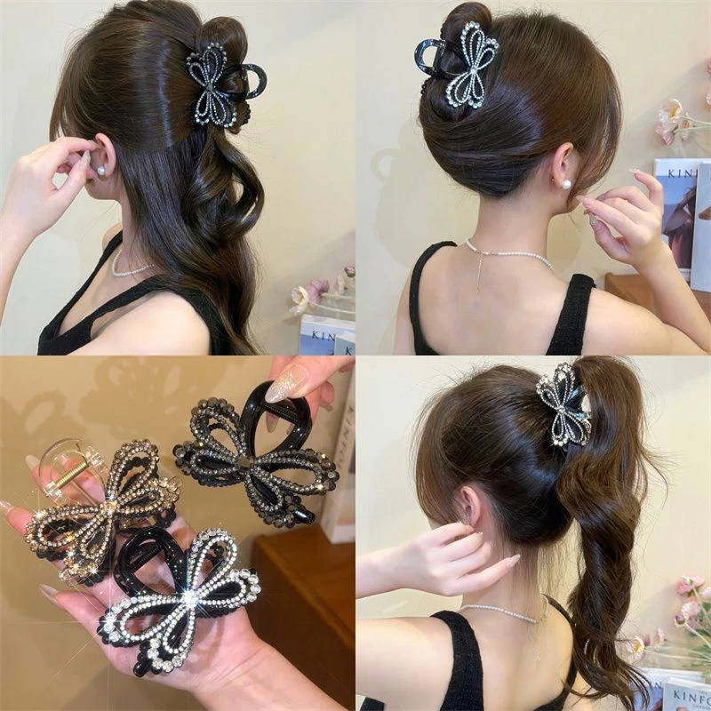 哈韩宅物高级感带钻双层蝴蝶结抓夹后脑勺盘发鲨鱼夹发抓轻奢头饰