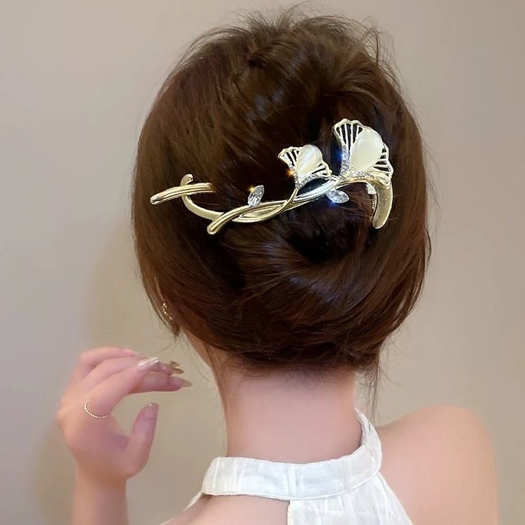 哈韩宅物高级感银杏叶发夹女后脑勺发卡扭扭夹盘发青蛙扣网红