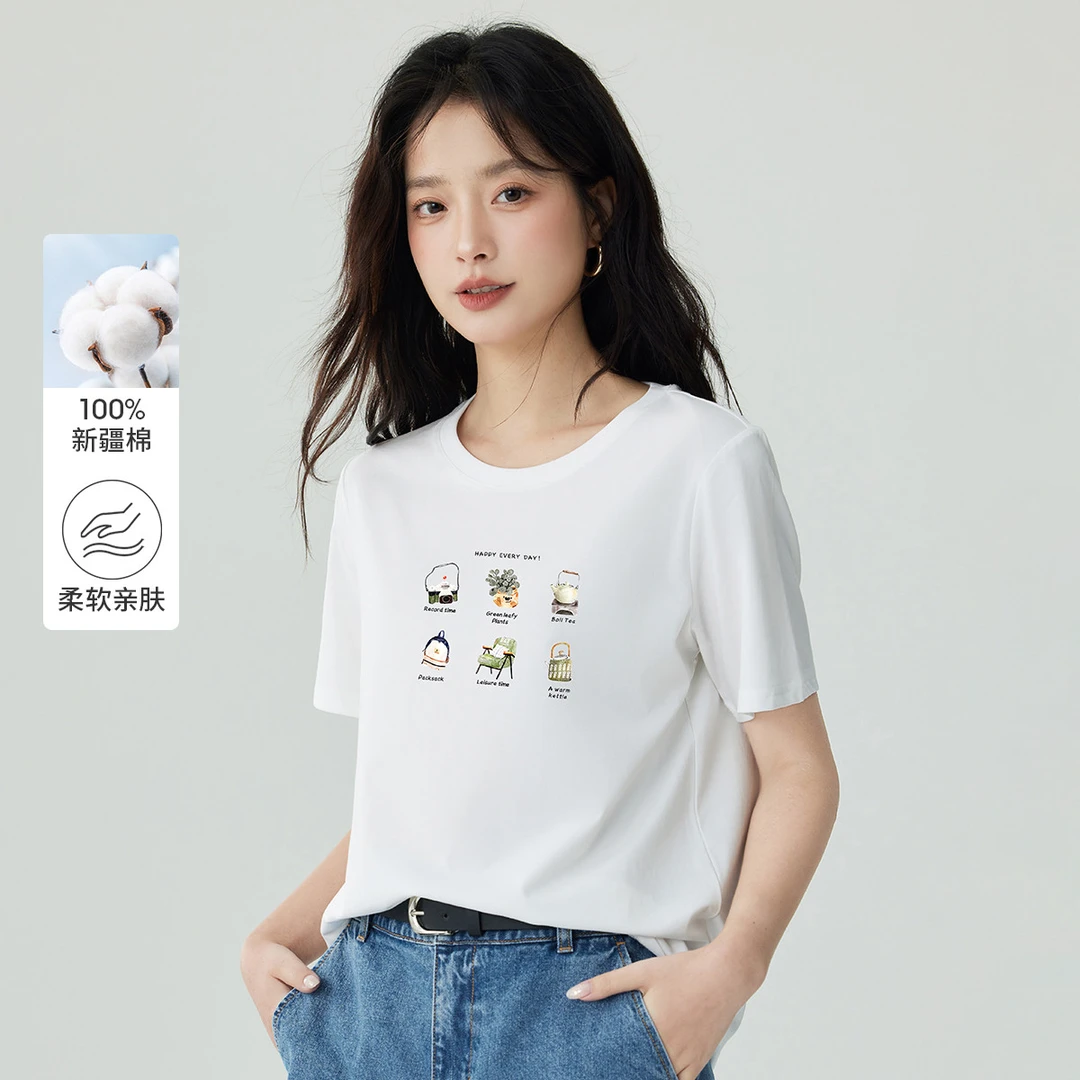 【茵曼女装】茵曼趣味印花短袖T恤套头上衣F18425281