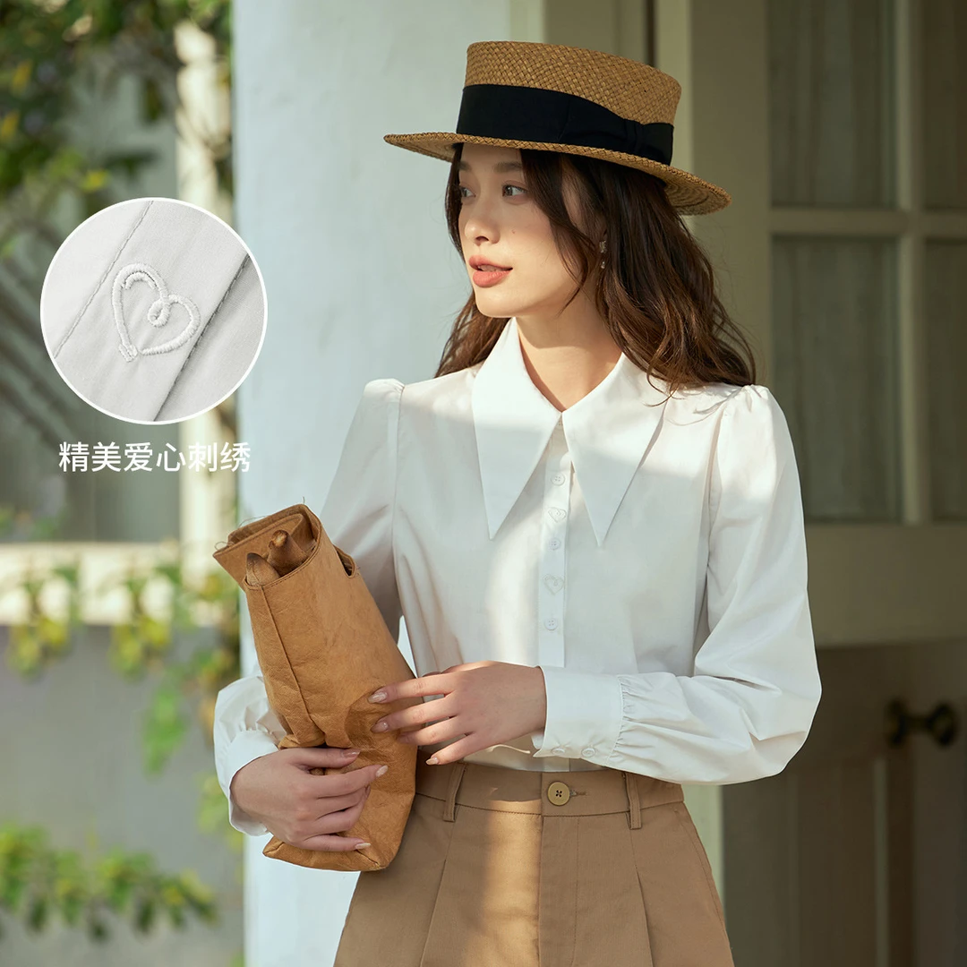 【茵曼服饰】职业通勤抗皱白衬衫法式尖领长袖衬衣上衣K18412609