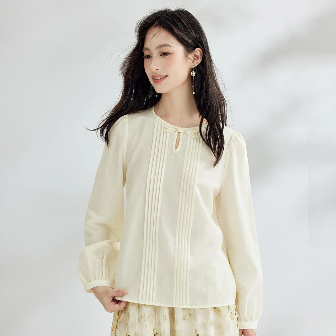 【茵曼女装】茵曼莱赛尔天丝国风盘扣衬衫镂空衬衣F18438463