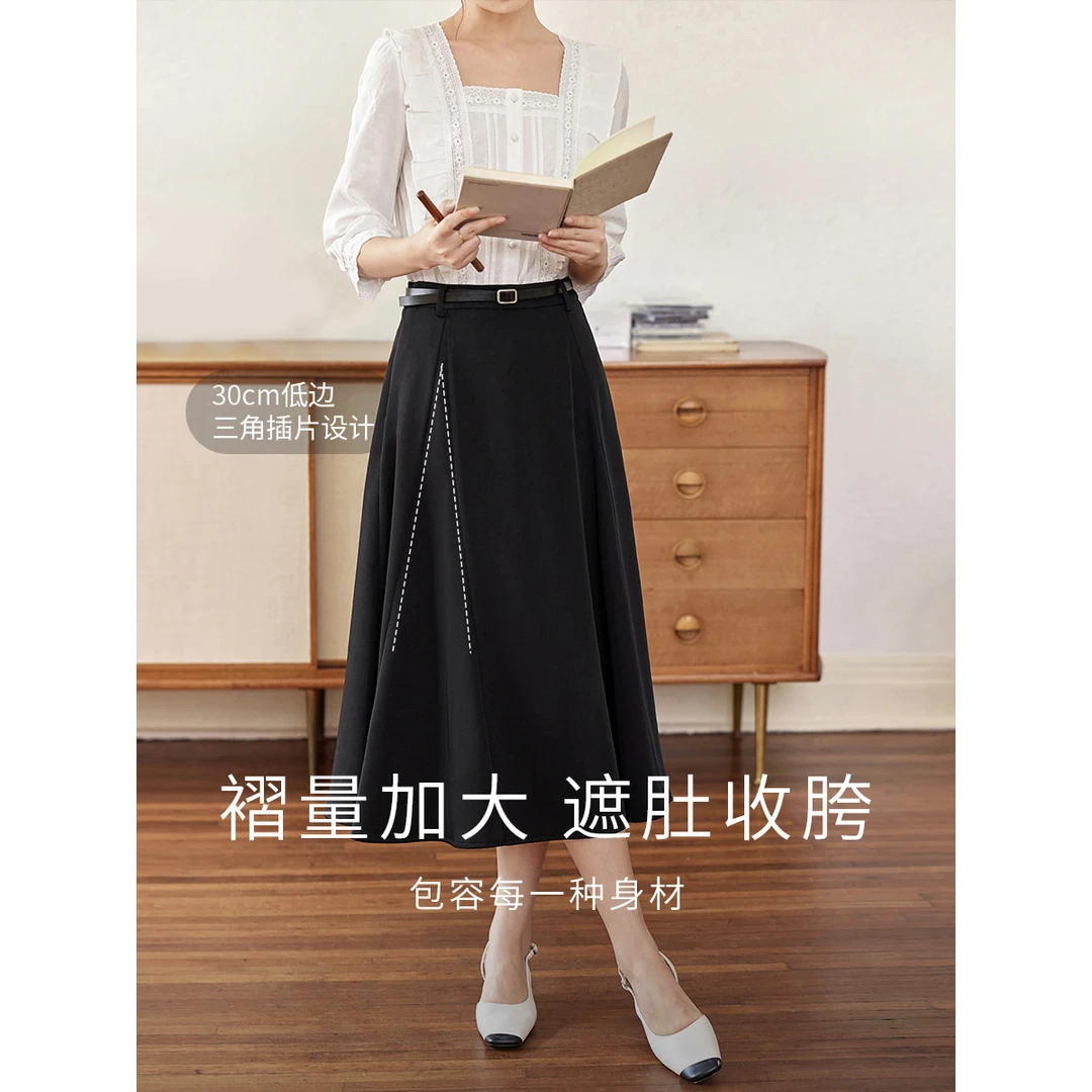 【茵曼女装】茵曼法式通勤半身裙高腰腰带遮胯A型裙子18332074