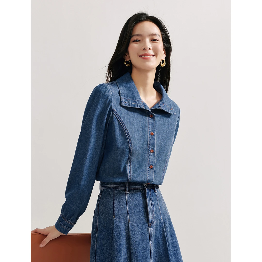 【敖小陪】茵曼法式立领牛仔衬衫长袖宽松百搭上衣W18438168