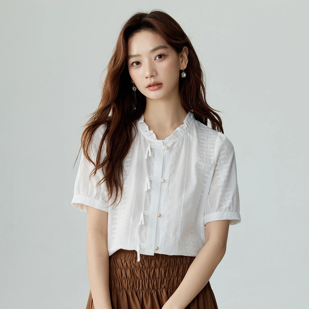 茵曼2025夏季新款女衬衫气质衬衣纯棉短袖休闲国风纯色中式盘扣