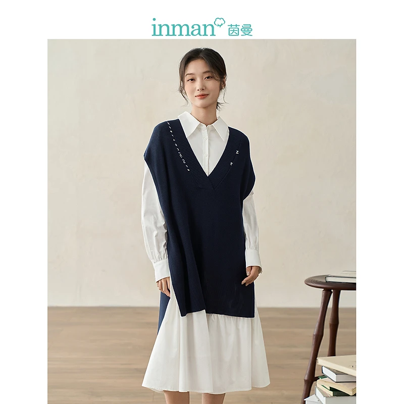【茵曼服饰】学院风真两件连衣裙套针织马甲套18336200