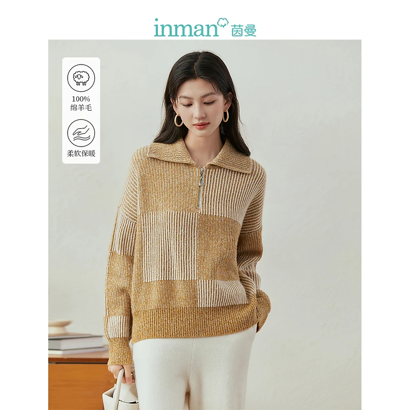 【茵曼女装】复古保暖羊毛衫翻领半开襟毛衣18346138