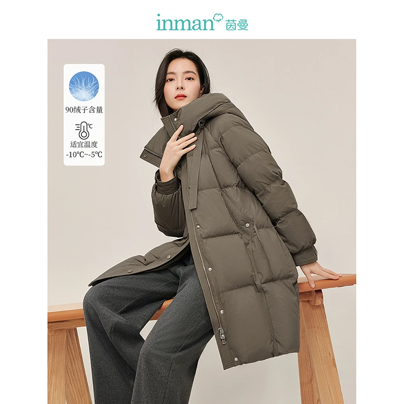 【安大专属】茵曼90鸭绒立领连帽羽绒服保暖中长款外套W18448034