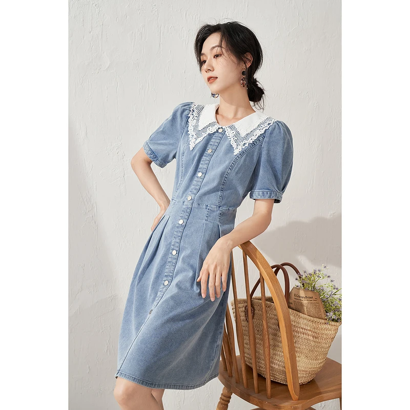 【茵曼服装】茵曼牛仔连衣裙水溶绣花泡泡袖收腰伞裙子18225733