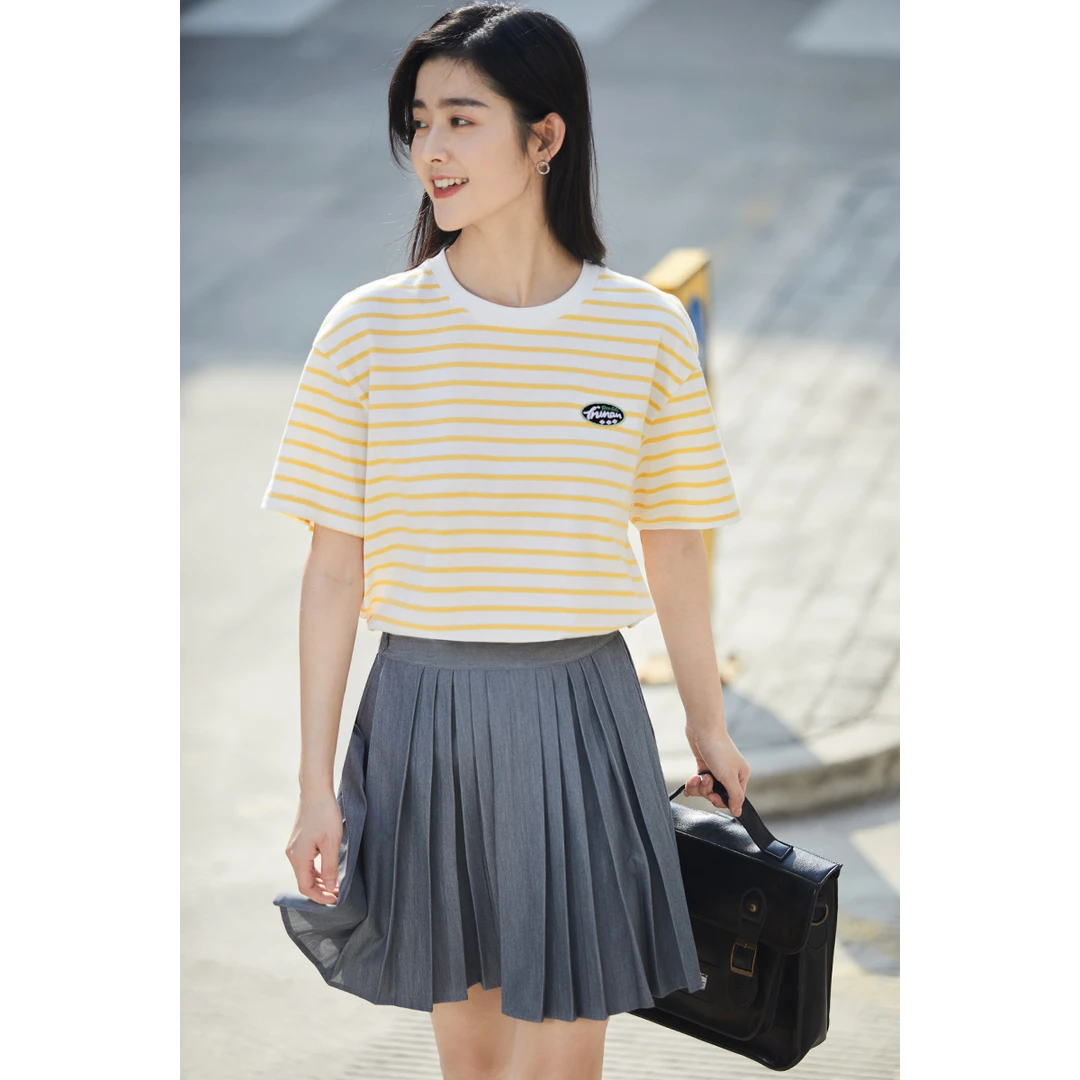 【茵曼女装】茵曼条纹圆领短袖T恤套头宽松显瘦上衣18225210