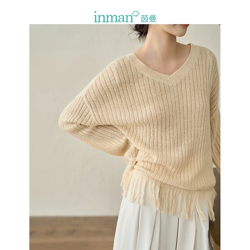 【茵曼服饰】圆领流苏设计感针织毛衣V领慵懒上衣18336182