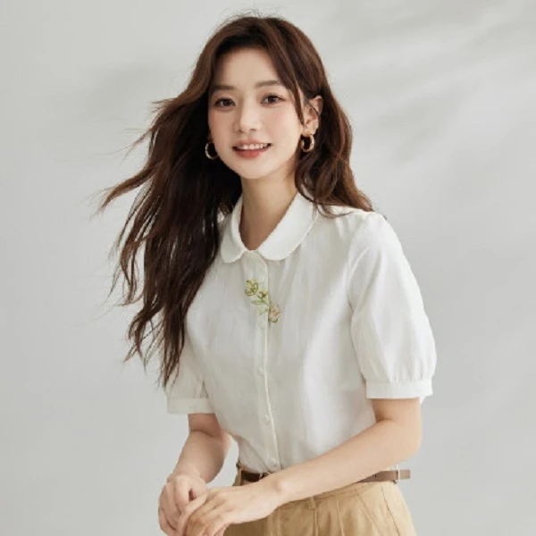 【茵曼服饰】短袖气质通勤绣花设计感休闲衬衣18424792