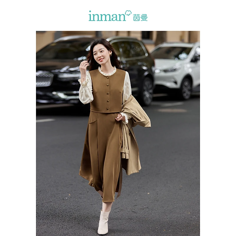 茵曼法式假三件连衣裙2024年秋季新款花边圆领长袖中长裙18332059