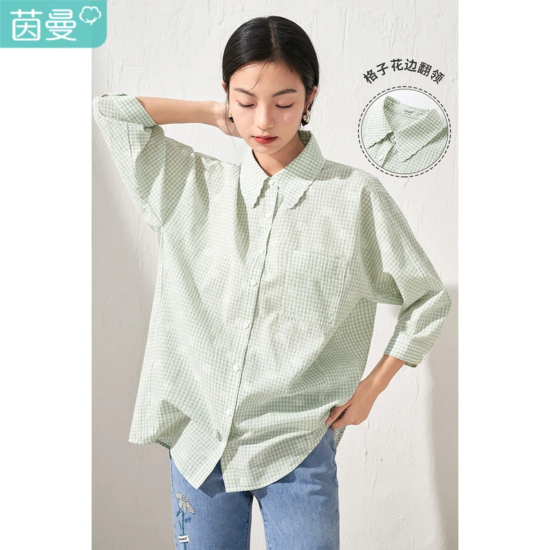 【茵曼服饰】格子慵懒风提花衬衫翻领宽松气质衬衣18225745
