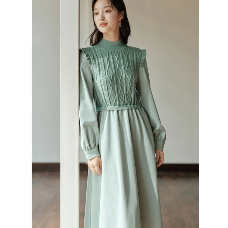 【茵曼女装】茵曼针织长袖收腰长裙赫本风法式连衣裙18348380