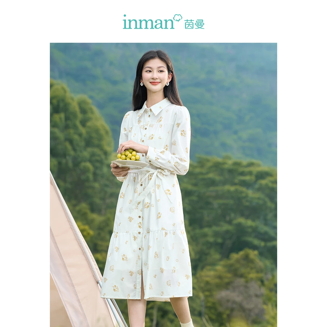 【茵曼服饰】法式衬衫领连衣裙长袖a字裙子18332189