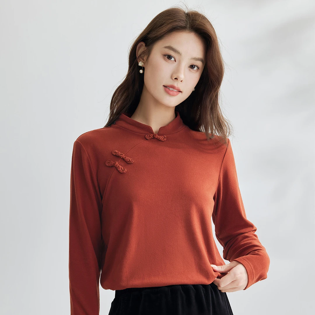 【茵曼服饰】新中式国风盘扣长袖T恤女复古文艺立领舒适F18438636
