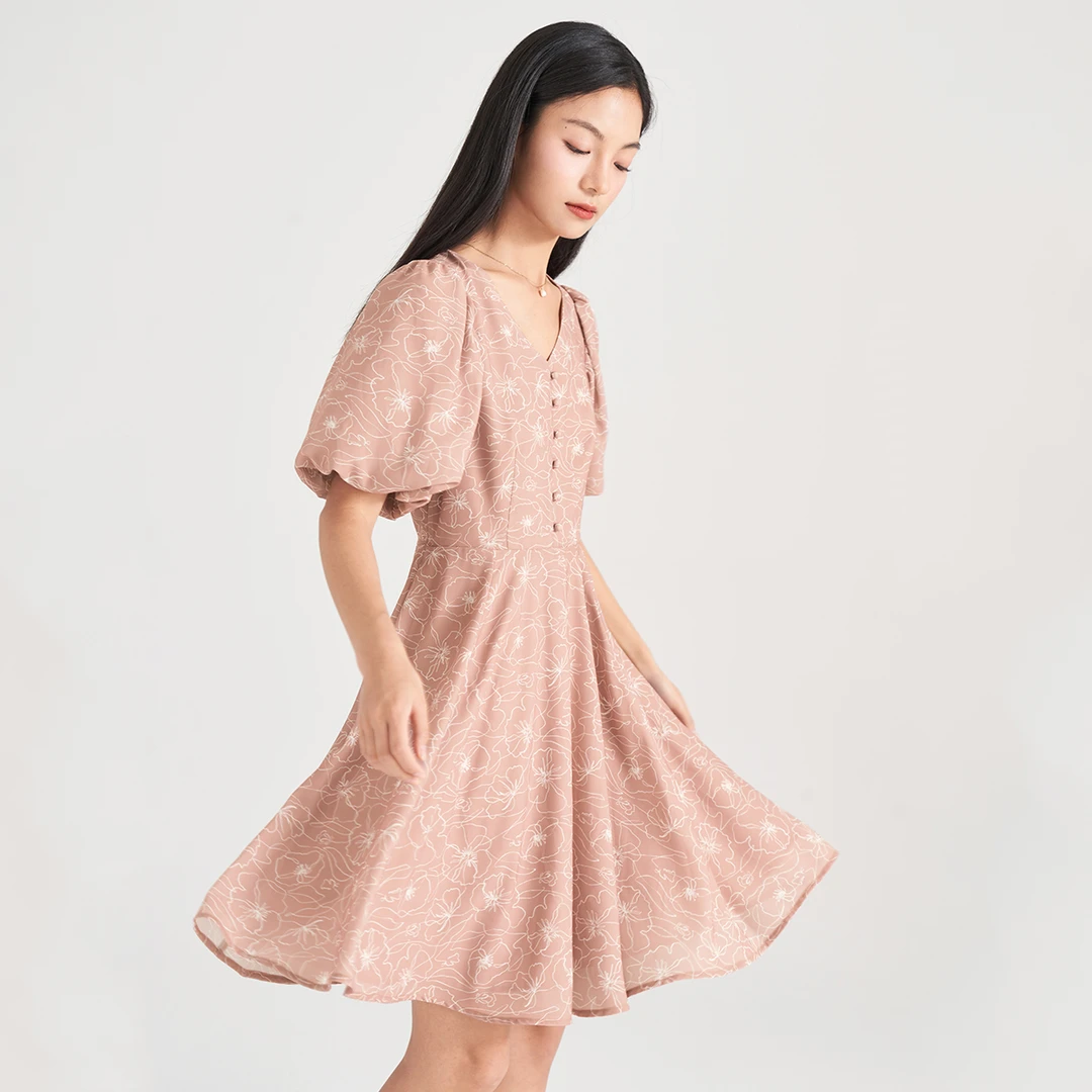 【茵曼服饰】茵曼印花连衣裙气质V领灯笼袖伞裙子18225792