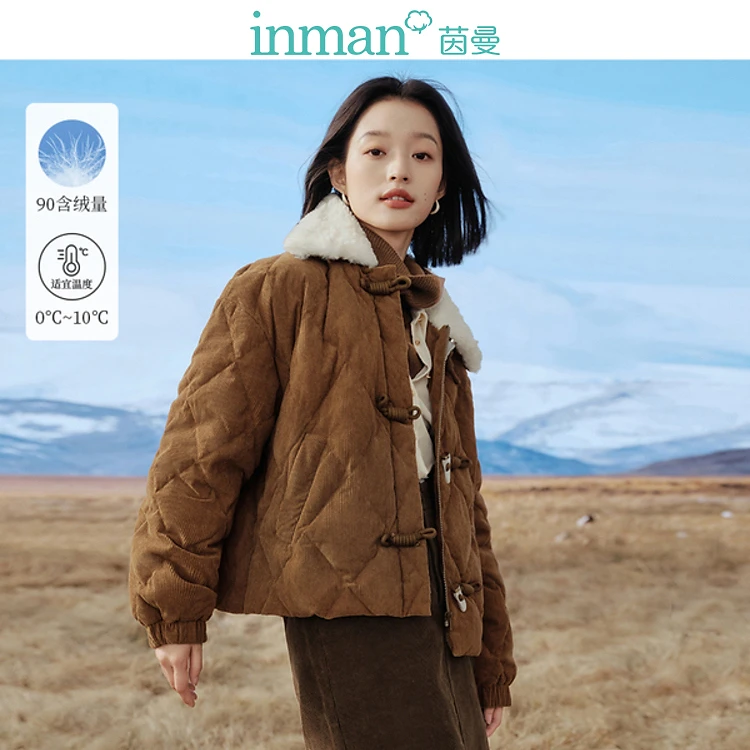 【inman】茵曼灯芯绒羽绒服毛领菱格厚实衣外套18348253