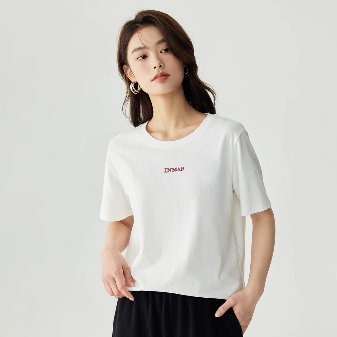 【茵曼服饰】时尚夏季T恤白色时尚休闲士圆领LogoT恤18424712