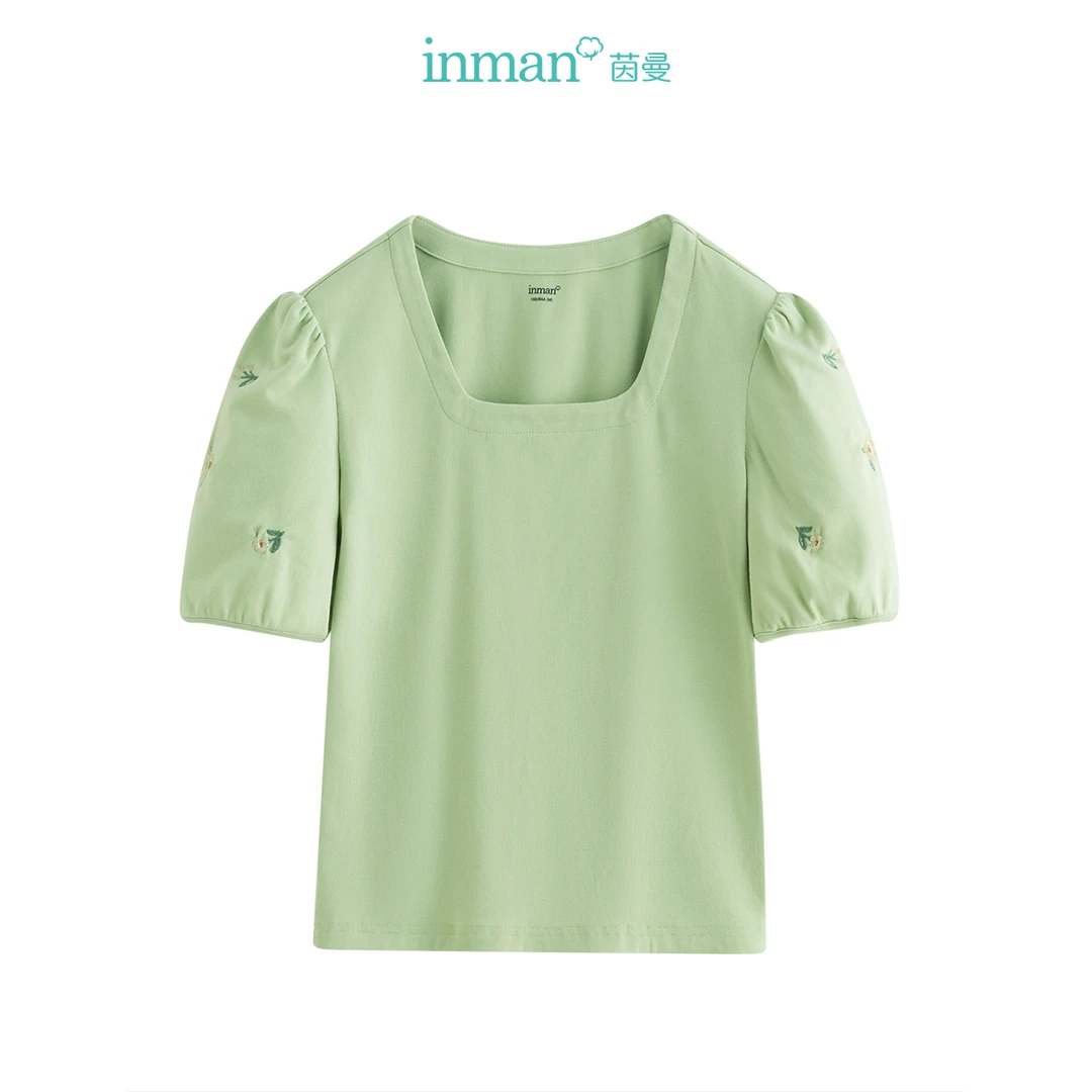 【茵曼女装】茵曼时尚显瘦上衣短袖休闲刺绣U型领T恤K18426231