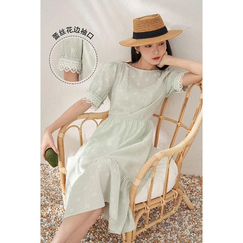 茵曼夏季格子提花连衣裙女法式气质蕾丝宽松显瘦伞裙子18225651