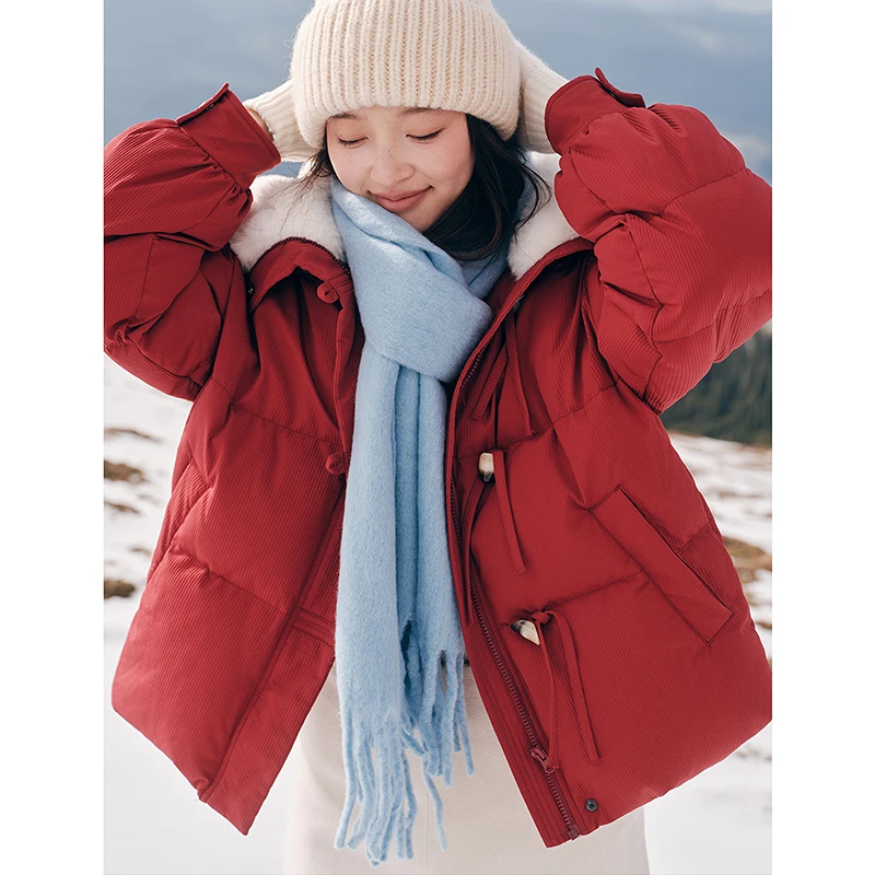 茵曼时尚毛绒领羽绒服2024冬季女装新款立体肌理保暖面包棉服外套