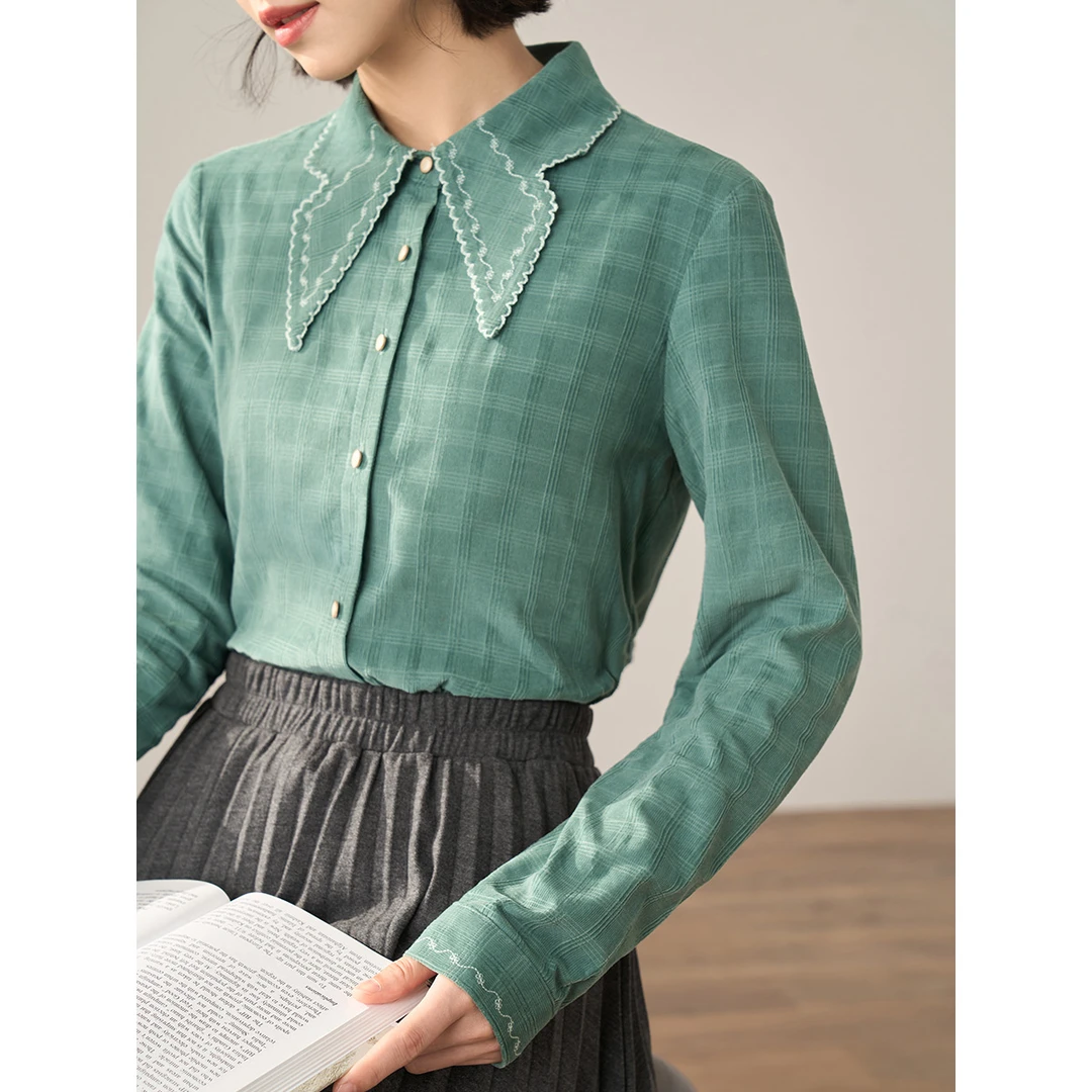 【茵曼服饰】茵曼领边刺绣撞色多工艺结合长袖衬衫18247724