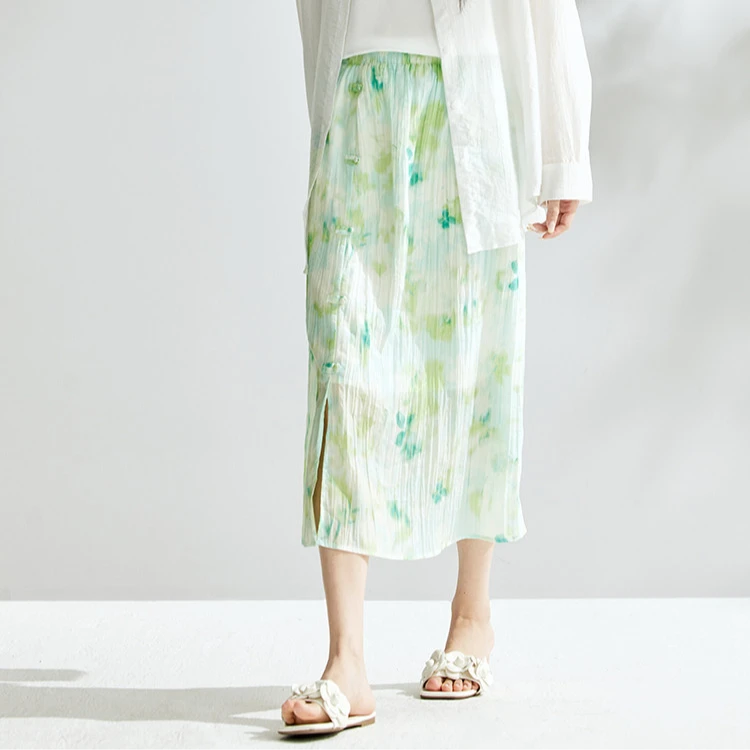 【品牌折扣】茵曼新中式半身裙松紧腰中长a字裙K18438291