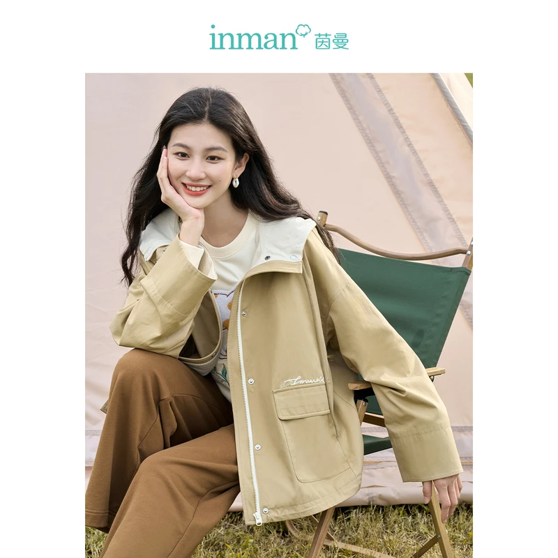 【茵曼女装】休闲短外套连帽领绣花落肩长袖上衣18332177