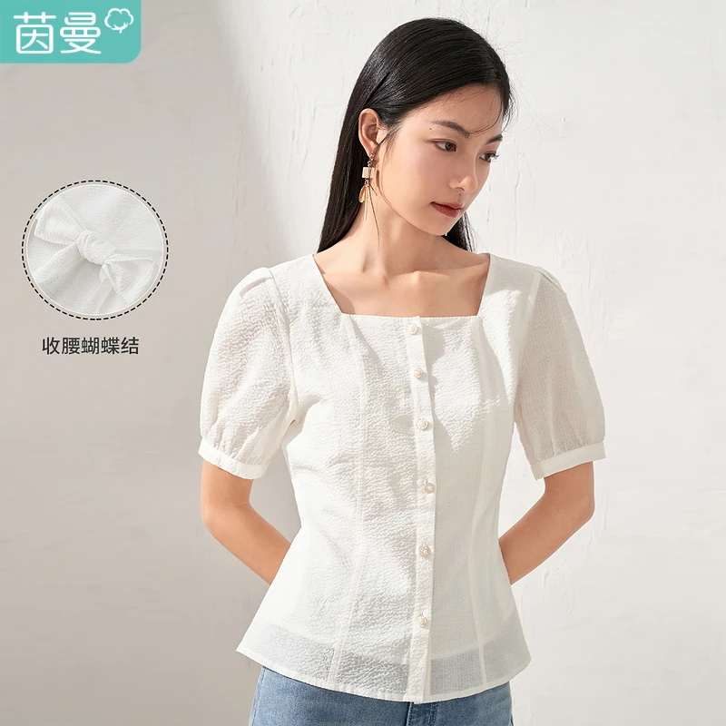 【茵曼服饰】提花法式方领短袖衬衫收腰泡泡袖W18225799