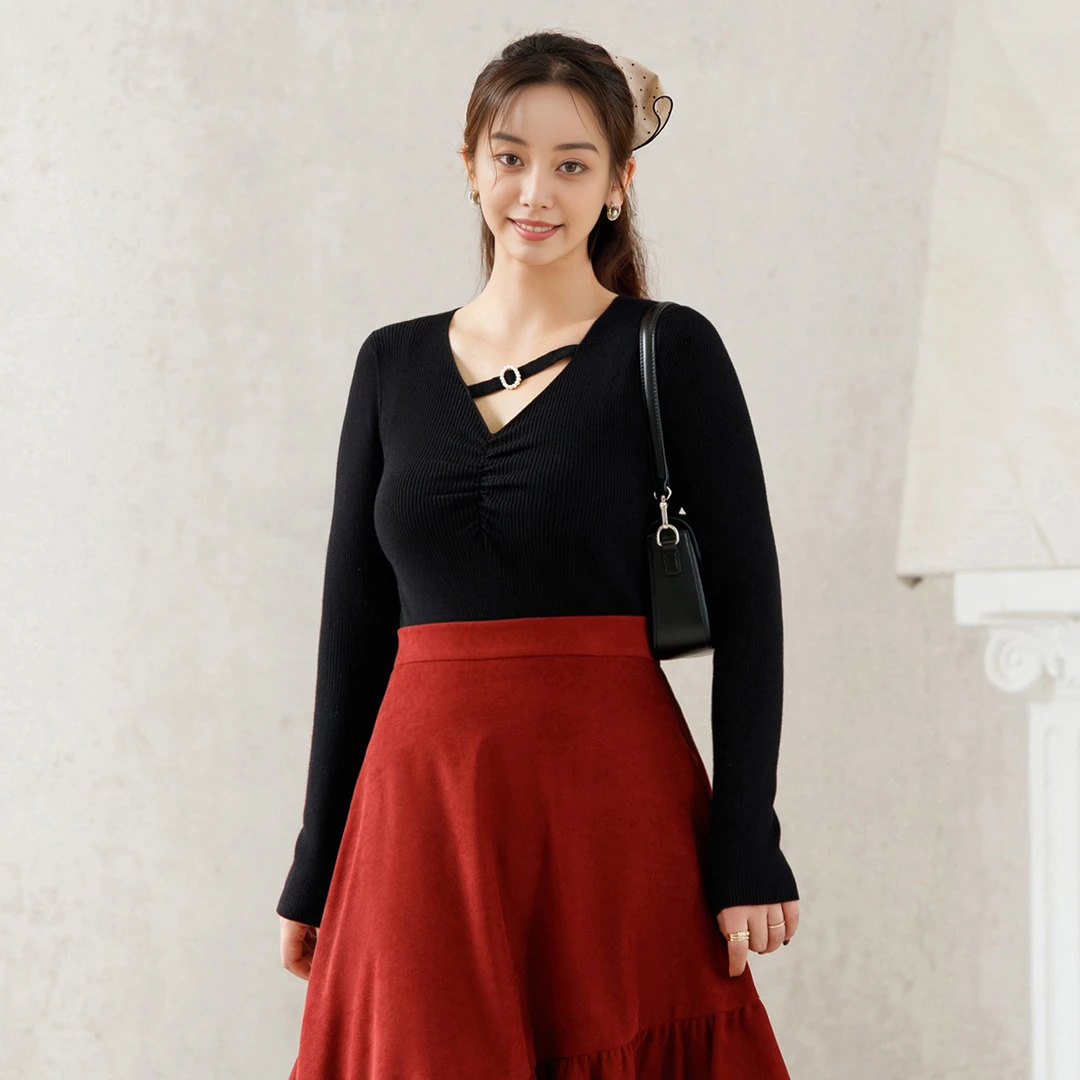 【商城同款】茵曼2022年秋冬新款时尚纯色百搭修身V领长袖针织衫