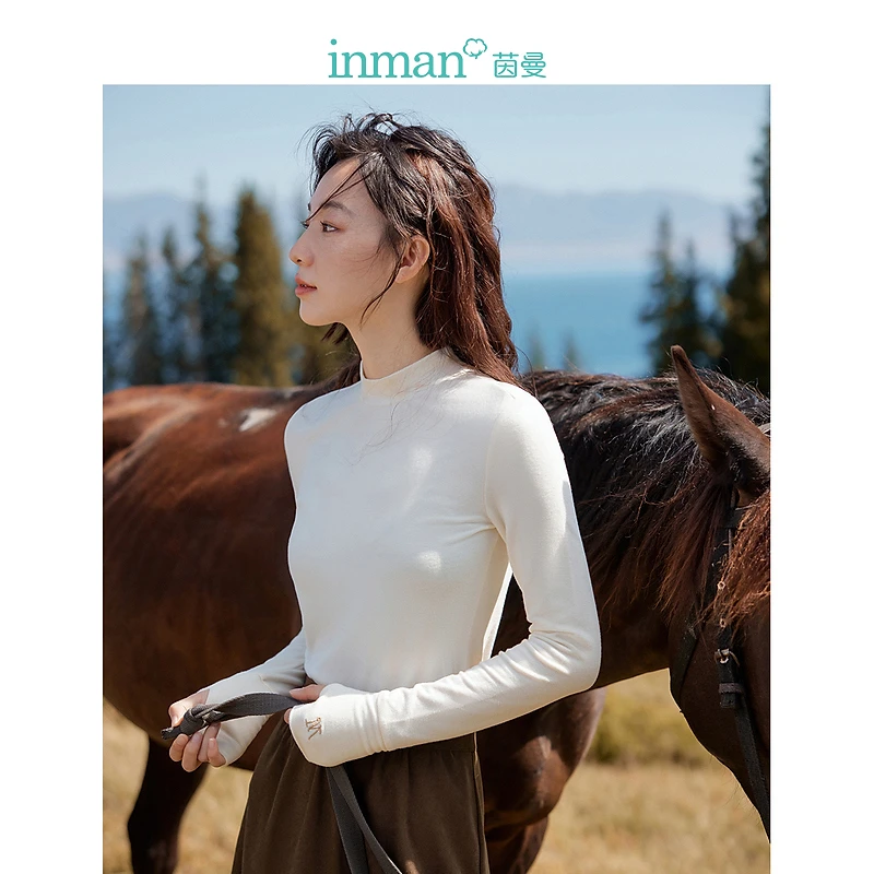 【茵曼服饰】安迪绒T恤半高领长袖修身打底衫上衣18348308
