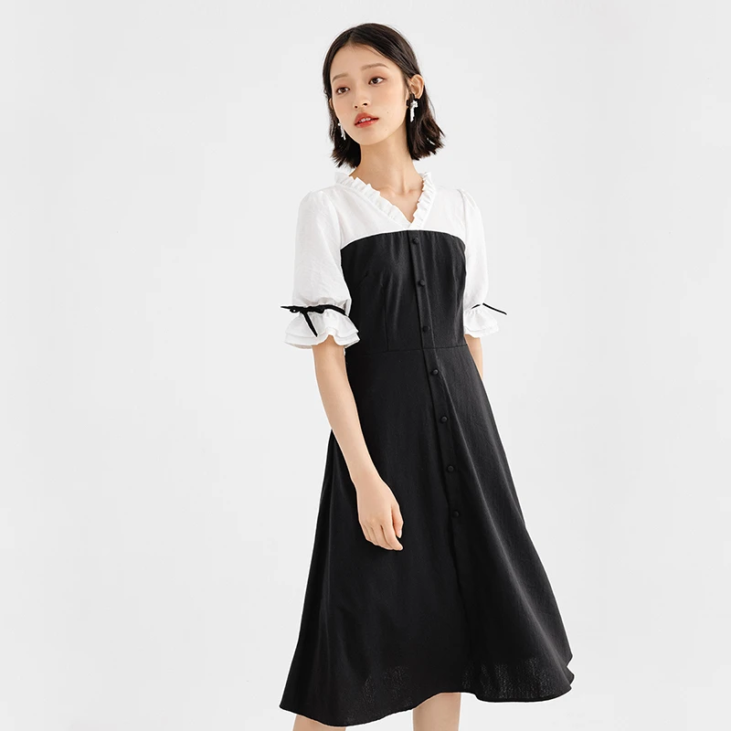 【茵曼服饰】小众桃心领扣绣花网纱花苞袖连衣裙F1812346