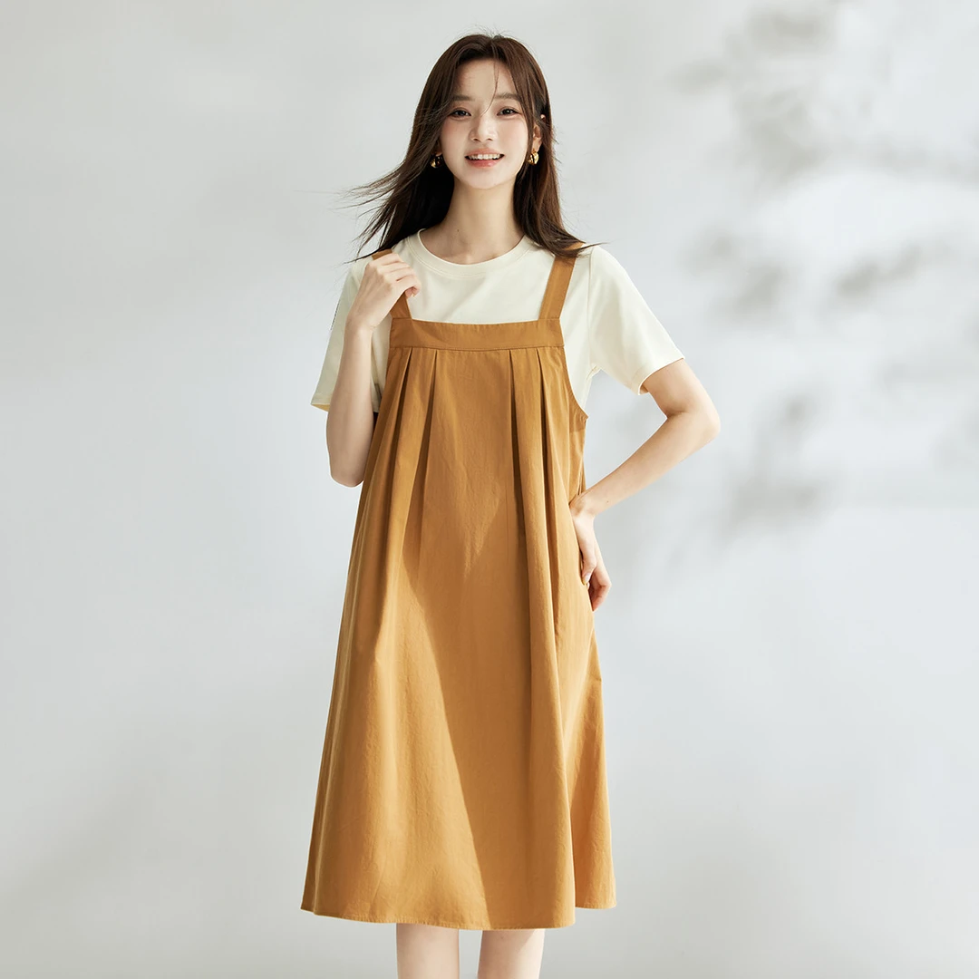 【茵曼女装】茵曼复古学院风背带裙压褶中长直筒裙F18438258
