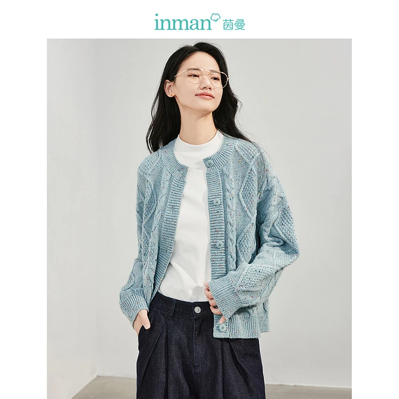 【茵曼女装】彩点花纱圆领慵懒针织毛衣开衫F18448417