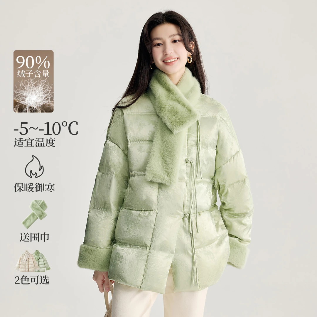 【重百优选】茵曼配围巾新中式羽绒服女新款盘扣保暖外套18448595