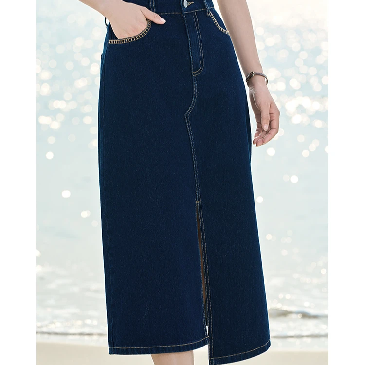 【茵曼女装】茵曼李一桐同款A字牛仔半身裙中长裙18322826