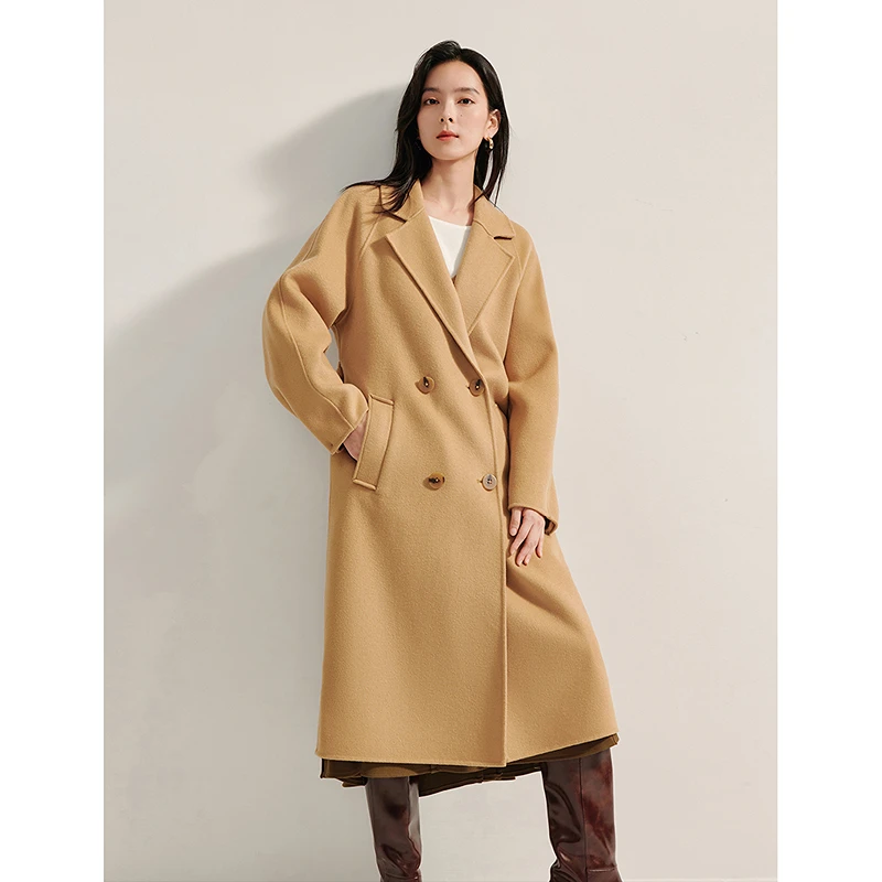 【茵曼女装】茵曼双面呢外套双排扣翻驳大衣18448077