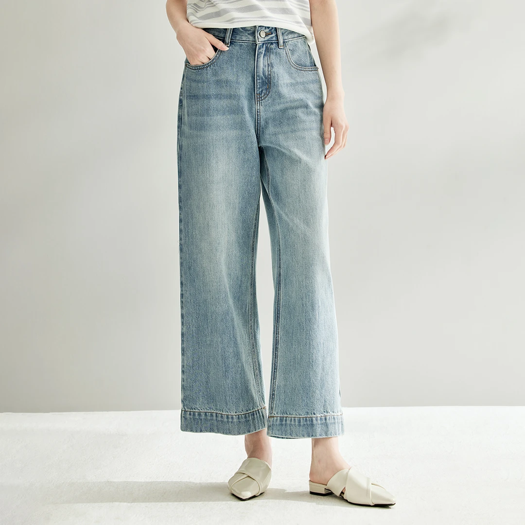 【inman】早秋时尚复古直筒松紧高腰休闲百搭显瘦九分牛仔裤