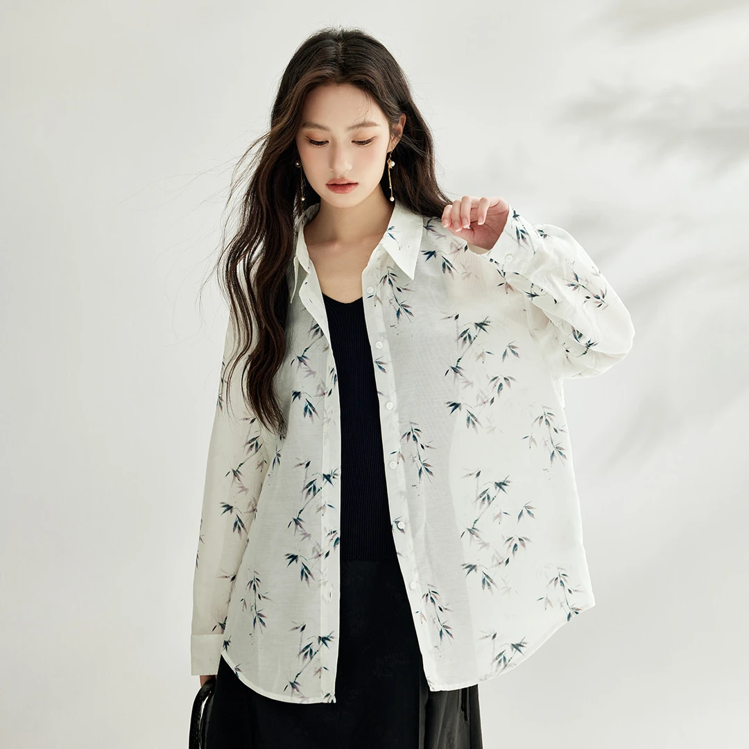 【茵曼女装】茵曼田园轻薄衬衣国风竹叶印花衬衫F18438222