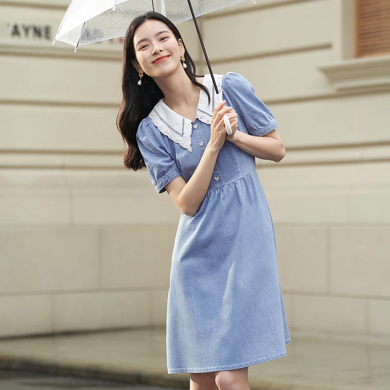 【商城同款】茵曼夏新款泡泡袖蕾丝伞裙花边翻领牛仔连衣裙18225887