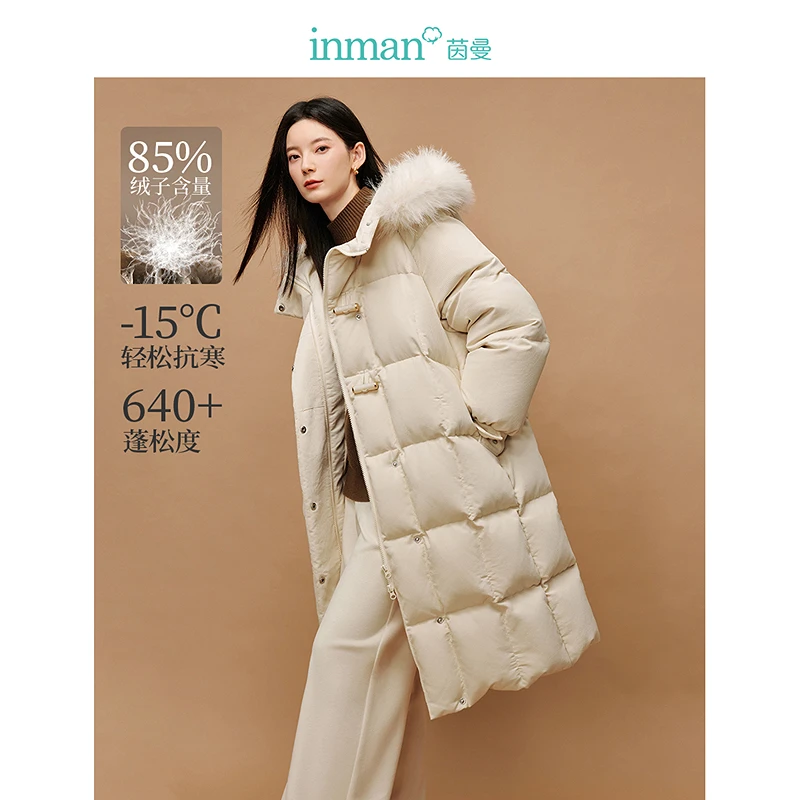 【茵曼】茵曼连帽毛领羽绒服气质鸭绒保暖防风长款外套18448015