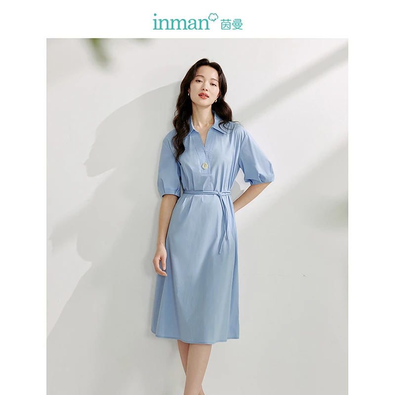 【茵曼女装】茵曼系带收腰翻领短袖连衣裙W18424173