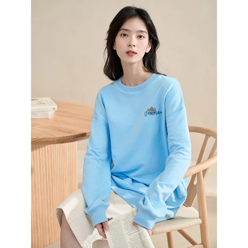 【茵曼女装】茵曼休闲百搭宽松圆领落肩袖纯棉卫衣18316298