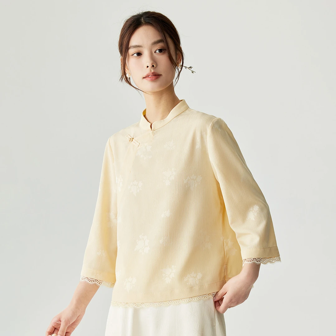 【茵曼女装】茵曼国风盘扣新中式立领复古名媛风衬衣F18413000