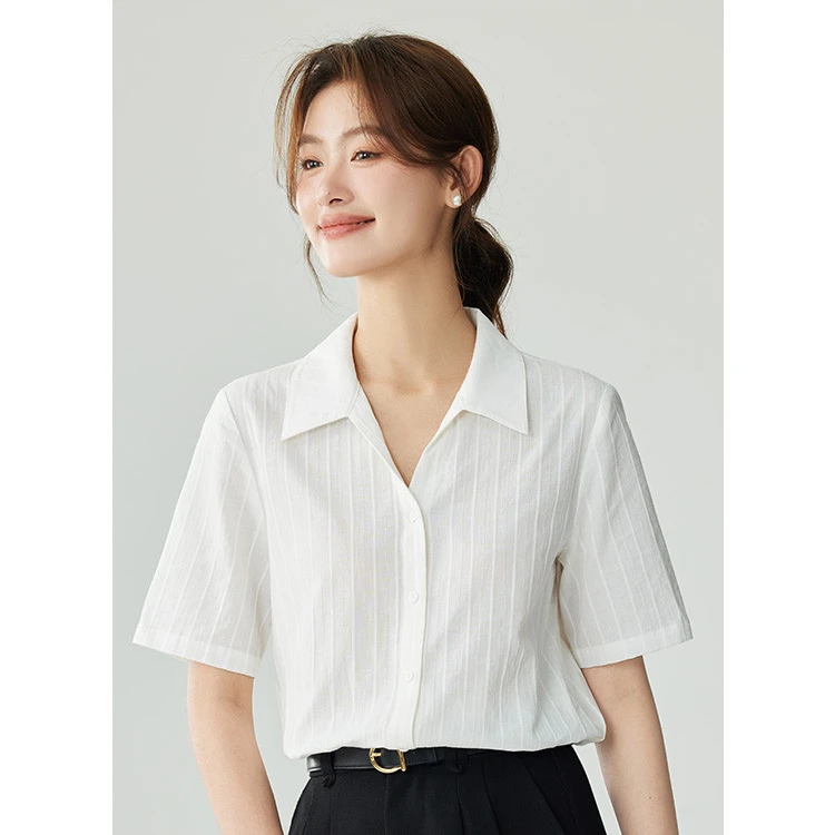 茵曼 小众全棉舒适通勤短袖衬衣2024夏季法式气质V领时尚休闲衬衫