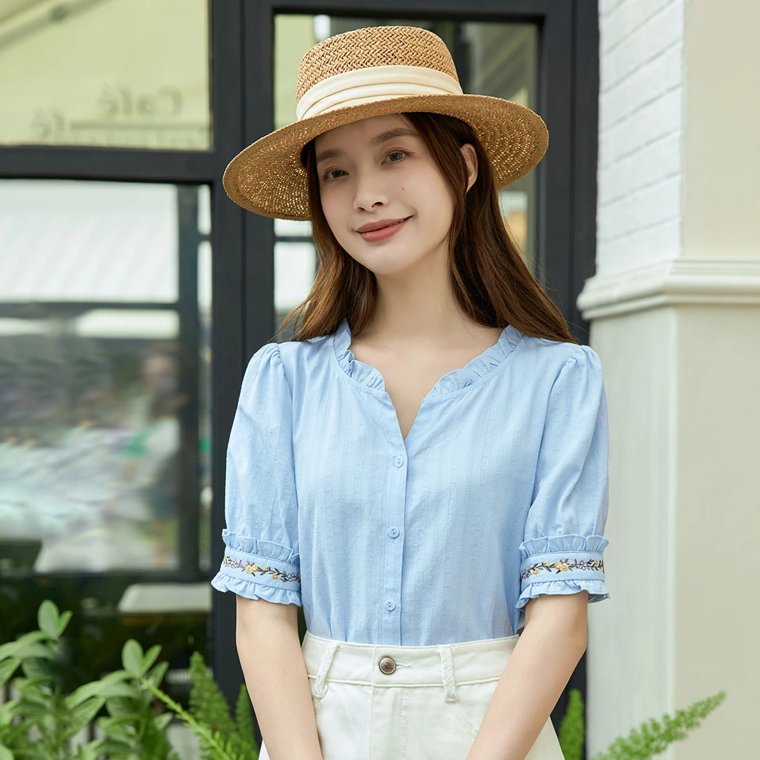 【茵曼女装】茵曼田园木耳边短袖衬衫文艺绣花衬衣K18424032