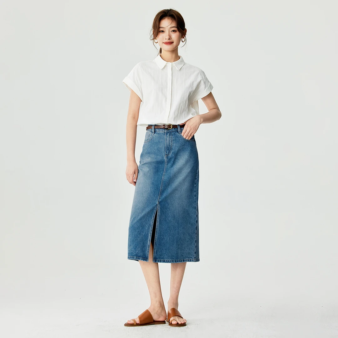 【茵曼服饰】蓝色高腰开叉配腰带牛仔半身裙18412952